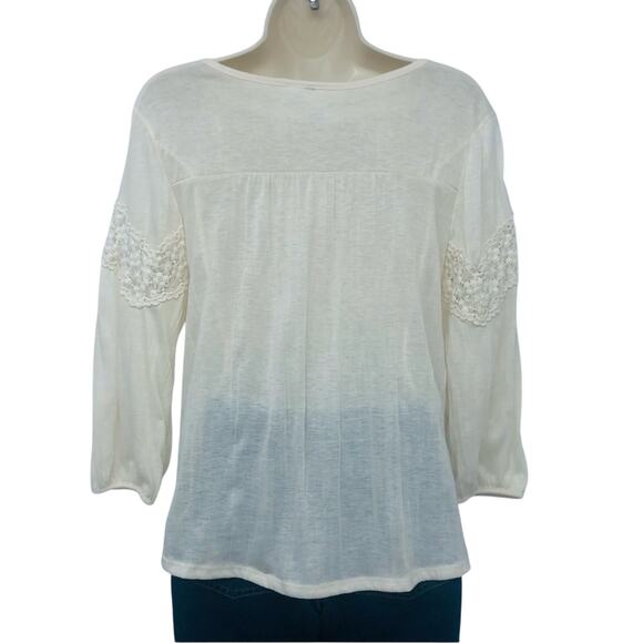 Cream Crochet Trim Henley Style Pop Over Top Scoop Neck Button Trim Loose fit - Picture 2 of 16